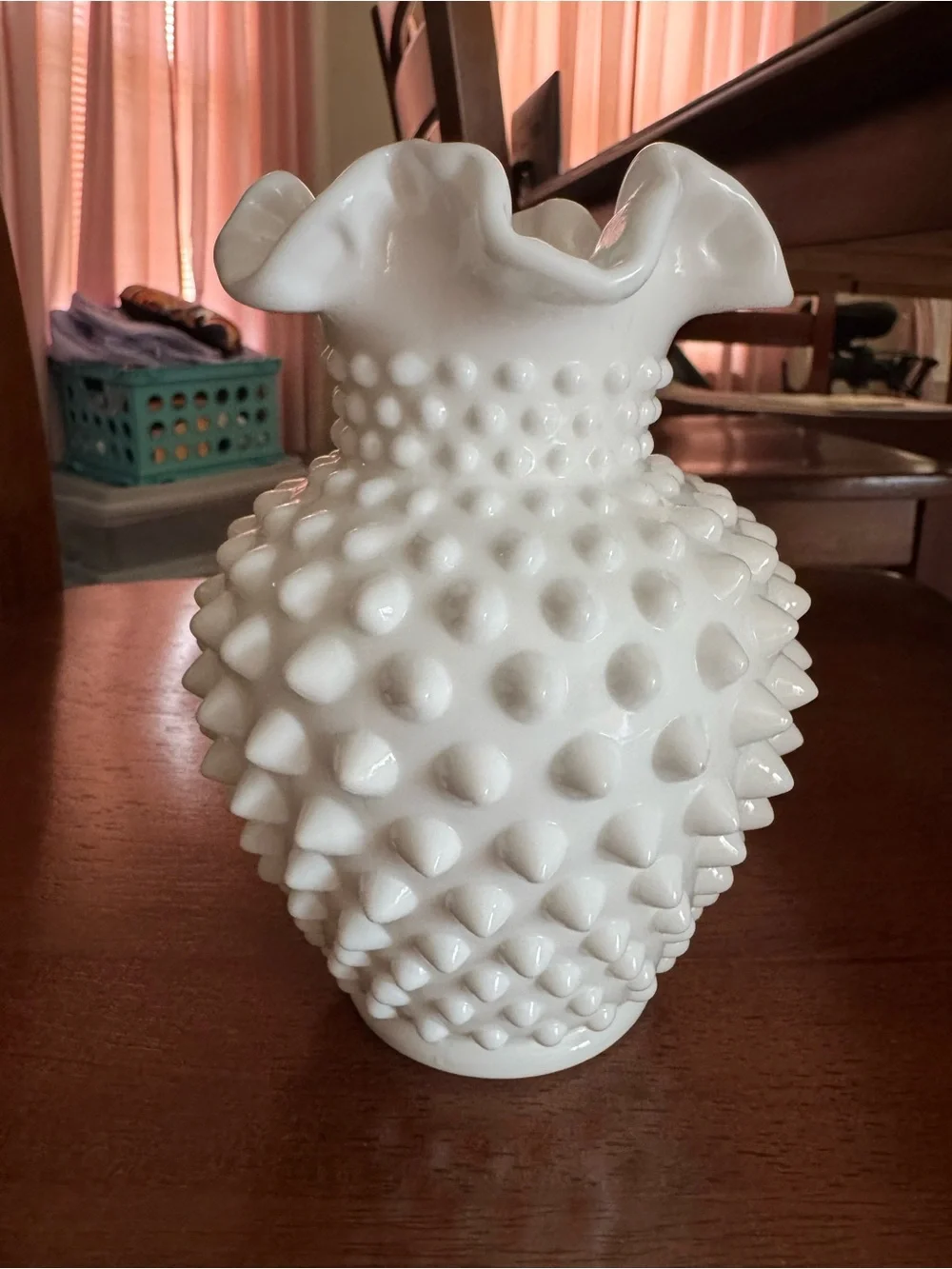 Fenton Hobnail Glass Vase White Milk Glass Ruffled Edge 5” Tall